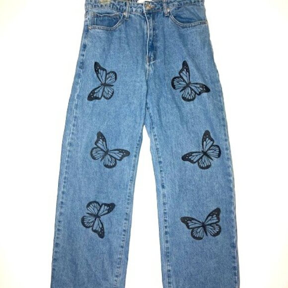 Blue Butterfly Print Women's Jeans - Picture 1 of 7